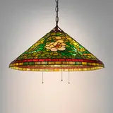 attribution Handel, Hanging fixture, c. 1910, leaded glass, patinated bronze