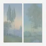 Cypress Trees; Birches (Vellum plaques, set of two) by Lenore Asbury for Rookwood Pottery, 1927, 1928, glazed earthenware, original frame, sold Dec 2023
