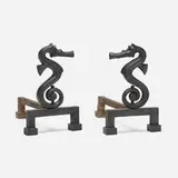 William Wallace Denslow for Roycroft, Rare seahorse andirons, pair, c. 1899, cast iron