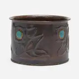 Liberty & attribution Co., Monumental jardiniere, c. 1910, hammered copper, brass, enamel