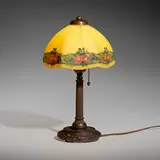 Handel, Boudoir lamp with wild roses, c. 1920, enameled and reverse-painted Chipped Ice glass, patinated metal