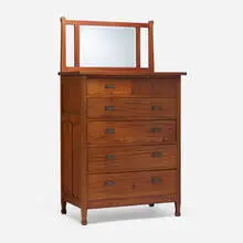 Tall chiffonier with mirror, model 0113 variant by Roycroft, c. 1906, mahogany, copper, silvered glass, sold Jun 2023