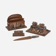 Joseph Heinrichs, Rare four-piece desk set with arrowhead mounts, c. 1910, hammered copper, silver, flint, glass, oak