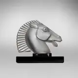Longchamps B car mascot, model 1152B by René Lalique, c. 1929, clear and frosted glass, onyx, sold Jun 2023