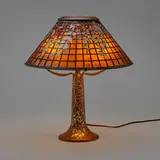 Rare Wisteria overlay table lamp by Heintz Art Metal Shop, c. 1912, bronze, silver, mica, sold Jun 2023