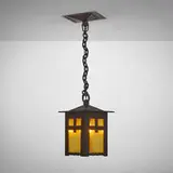 Gustav Stickley, Hanging lantern, model 673 variant, c. 1905, hammered and patinated copper, hammered amber glass