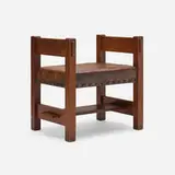 Gustav Stickley, Early window seat, model 177, c. 1902, oak, Spanish leather, patinated brass