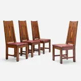Inlaid dining chairs model 320, set of four by Shop of the Crafters, c. 1906, oak, ebony and fruitwood inlay, brass, vinyl, sold Jun 2023