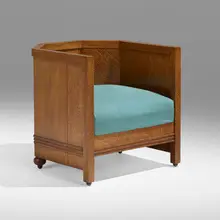 Frank Lloyd Wright, Barrel chair from the B. Harley Bradley House, Kankakee, IL, c. 1900, oak, upholstery, casters