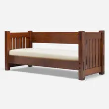 Knock-down settle, model 210 by Gustav Stickley, c. 1904, oak, rope, linen, sold Jun 2023