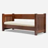 Knock-down settle, model 210 by Gustav Stickley, c. 1904, oak, rope, linen, sold Jun 2023