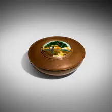 Boston School, Arts & Crafts round lidded box with scenic landscape plaque, c. 1910, hammered and enameled copper