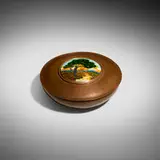 Boston School, Arts & Crafts round lidded box with scenic landscape plaque, c. 1910, hammered and enameled copper