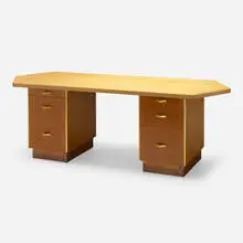 Frank Lloyd Wright, Executive desk from the Price Tower, Bartlesville, OK, 1956, mahogany, brass-plated aluminum, copper
