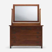 Dresser with mirror, model 0108 variant by Roycroft, c. 1910, mahogany, copper, silvered glass, sold Jun 2023