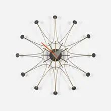 George Nelson, rare wall clock, model 2241, 1957, brass, enameled aluminum, lacquered wood