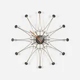 George Nelson, rare wall clock, model 2241, 1957, brass, enameled aluminum, lacquered wood