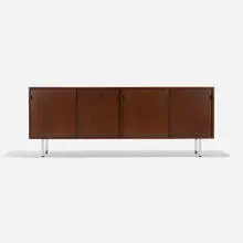 cabinet, model 541 by Florence Knoll, 1952, stained walnut, chrome-plated steel, leather, sold Feb 2017