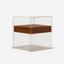 Vladimir Kagan, nightstand, c. 1970, acrylic, walnut, chrome-plated steel