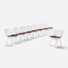 dining chairs, set of eight by Harry Bertoia, 1952, chrome-plated steel, vinyl, sold Feb 2017