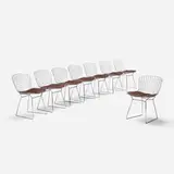 Harry Bertoia, dining chairs, set of eight, 1952, chrome-plated steel, vinyl