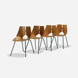 Ray Komai, dining chairs, set of four, 1949, walnut plywood, enameled steel, aluminum, stainless steel, rubber