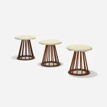 Arthur Umanoff, stools, set of three, c. 1955, walnut, vinyl
