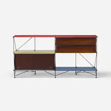 Modernist, cabinet, c. 1950, laminate, masonite, enameled steel, walnut, aluminum
