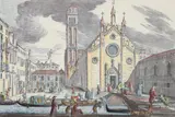 Andrea Zucchi, after Giuseppe Valeriani, Veduta del Campo d'Frari, modern color print reproduction of, etching, lettered beneath the