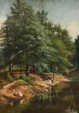Clarence Marshall Johns, Brady's Bend, Landscape with Woods Sloping Down the Banks of a Stream, Armstrong County, undated, oil on canvas, relined, apparently
