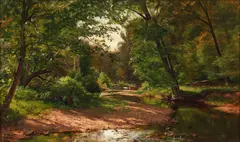 George Hetzel, Woodland Landscape with Cattle Watering in Stream, 1888, oil on canvas, relined