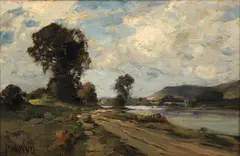 José Weiss, Barbizon Landscape with River Road, undated, oil on wood panel