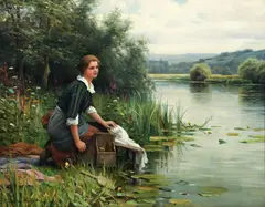Daniel Ridgway Knight, The Washerwoman along The Seine, 1923, oil on canvas