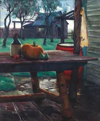 Malcolm Parcell, Moon Lorn - Farm Still Life with Pumpkin and Ale Jug, undated, oil on artist's board