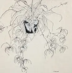 Hanging Plant by Harry M. Schwalb, ink drawing on Japanese paper, offered Dec 2025