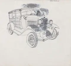 Woodie Wagon by Harry M. Schwalb, 1966, ink on Japanese paper, offered Dec 2025