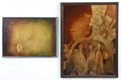David Schluss, 2 Paintings, Abstracted Figures, oil on canvas, one