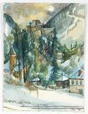 Henry Koerner, Town and Castle in Winter, 1977-, 1978, watercolor on paper mounted to board