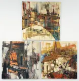Maggie Milono, Abstracted Pittsburgh Cityscape triptych, 1980s, acrylic on canvas