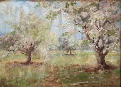 Apple Blossoms by Lila Hetzel, 1920, oil on academy board, offered Dec 2025
