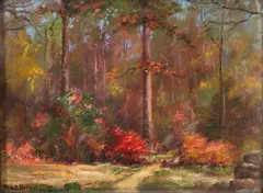 Autumn Woods by Lila Hetzel, 1931, oil on artist's board, offered Dec 2025