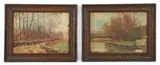 S. (Italian/American/Pittsburgh, 1894-1964), Pair of Landscape Paintings: Riverside with Bridge and Forest Edge, both by Raymond Simboli, 1916, oil on board, offered Dec 2025