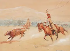 Edward Borein, Roping in a Stray, Watercolor and gouache on illustration board