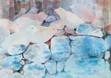 Birds on the Rocks by Anna Continos, mixed media with pastel and watercolor on paper, offered Nov 2025
