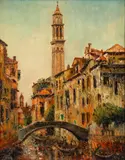 Teofilo Magliocchi, Venetian Canal Scene with Bridge and Church, c.1960, oil on wood panel