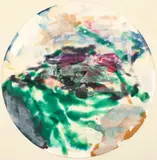 Favoring Displacements, 1988-9 by Tony Naponic, mixed media, collage and acrylic on paper and plywood, 28 inches in diameter, offered Nov 2025