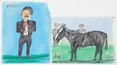 Shields Landon Jones, (American, 1901-1997), Men with Horse, ink and watercolor on paper