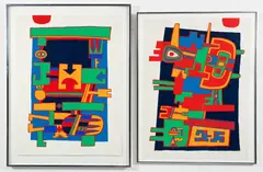 Jacques Soisson, 2 Framed Untitled Figures (Nord Est), 1977, serigraphs printed in colors, 30 x 22.5 inches and slightly smaller, pencil