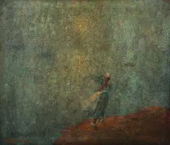 Solitary Figure on Cliff's Edge Looking at a Sea of Fog by George Thompson-Pritchard, oil on canvas, offered Nov 2025