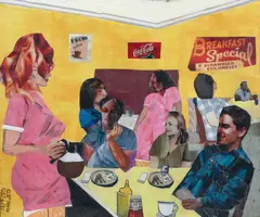 The Cafe, printed magazine papers by Jeff and Mark Zets, collage and paint, offered Nov 2025